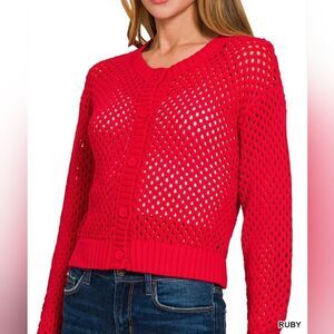 **Zenana Button Down Lightweight Crochet Cardigan Sweater - color Ruby